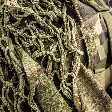 A close-up detail of a soldiers tactical gear, showing the intricate texture of a camouflage ghillie net. This equipment is essential for stealth operations, allowing for complete concealment in a woodland environment during a critical mission.の素材