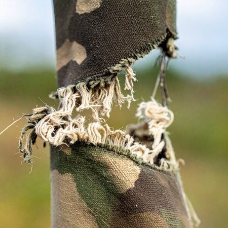 A macro shot reveals the intricate details of a heavily worn and ripped piece of camouflage fabric. The frayed white threads stand in stark contrast to the rugged textile, telling a story of intense use, survival, or the passage of time in a harsh environment.の素材