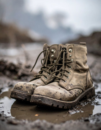 A pair of well-worn combat boots rests in a muddy puddle, caked in dirt and grime. They tell a story of a difficult journey, a long days work, or an arduous trek through challenging terrain, symbolizing resilience, perseverance, and the grit of adventure.の素材