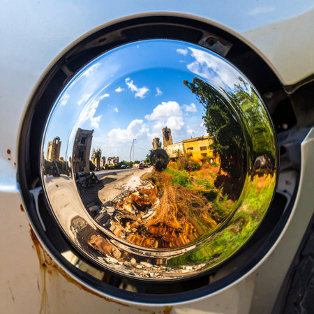 A distorted, fisheye view of a bright, sunny day with blue skies and clouds is perfectly captured in the polished chrome of a vintage cars headlight. The reflection creates a surreal world-within-a-world, contrasting the beauty of the sky with the rustic, weathered surroundings of the vehicle.の素材