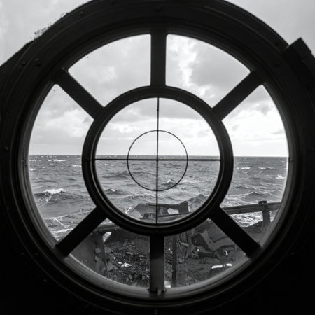 A tense, black and white view from a submarines periscope, with crosshairs fixed on the horizon over a choppy sea. This image captures the silent, focused moment of surveillance and strategic waiting during naval warfare, evoking a sense of suspense, history, and the hunt beneath the waves.の素材
