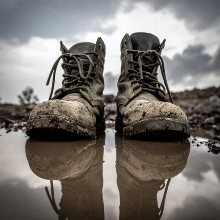 A pair of well-worn, mud-caked combat boots stand in a puddle, their reflection mirroring the dramatic, cloudy sky. This image captures a moment of rest after an arduous journey, symbolizing resilience, hardship, and the quiet strength of endurance.の素材