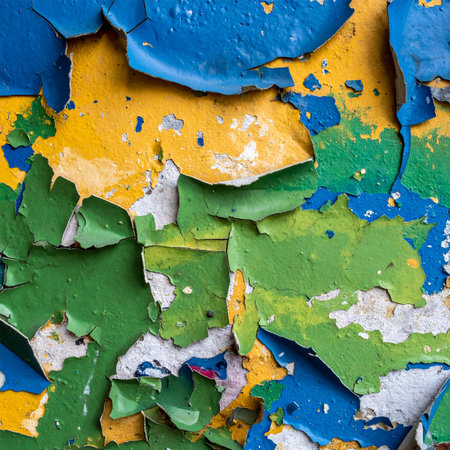 A macro photograph captures the intricate beauty of decay, where layers of vibrant blue, yellow, and green paint crack and peel away from an old surface. This abstract texture tells a story of time, history, and the beautiful imperfections found in urban environments.の素材