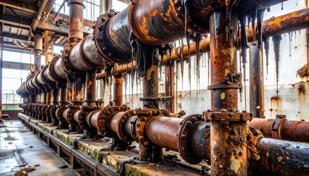 A silent testament to a bygone era, a long row of heavily corroded pipes stands frozen in time within a derelict factory. Rust and decay paint a vivid picture of abandonment and the relentless force of nature reclaiming a man-made structure, evoking a sense of post-apocalyptic stillness.の素材