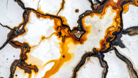 Fiery orange and deep brown corrosion spreads through dark, fractured lines on a stark white surface. This dynamic abstract texture evokes a sense of powerful natural decay, chaotic energy, or a microscopic view of a complex chemical reaction, perfect for backgrounds and creative projects.の素材