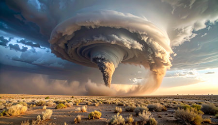 An immense supercell tornado dominates the sky, its powerful funnel churning dust and debris across a vast, arid landscape. The dramatic scene, illuminated by the last light of day, captures the raw, untamed power of nature in a moment of terrifying beauty and awe.の素材