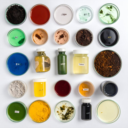 A vibrant assortment of scientific specimens neatly arranged for study. Each dish and vial holds the potential for a new discovery, showcasing the colorful and diverse world of laboratory research and material science innovation.の素材
