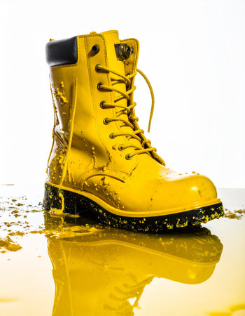 A tough, yellow work boot stands firm amidst a splash of grime and mud. Its waterproof surface and sturdy construction are put to the test, reflecting its resilience in a messy, industrial environment. A symbol of hard work and durability.の素材