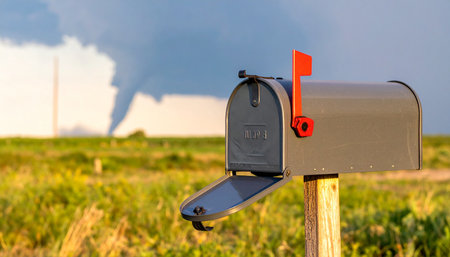 In the quiet countryside, an open mailbox with its flag raised signals a recent delivery, a moment of everyday routine. However, in the background, a dark and powerful tornado storm gathers on the horizon, creating a dramatic and tense contrast between normalcy and impending natural disaster.の素材
