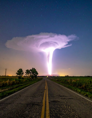 An empty country road leads directly into the heart of a majestic and powerful supercell thunderstorm. A massive bolt of lightning illuminates the entire cloud structure from within, revealing its awe-inspiring scale against the twilight sky. This image captures the raw, untamed beauty and immense energy of a dramatic weather event.の素材