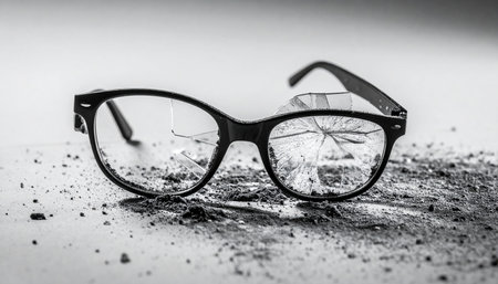 A pair of black-rimmed eyeglasses lies abandoned, its lenses shattered into a spiderweb of cracks. Fragments of glass and dust are scattered around, telling a silent story of an accident, a moment of conflict, or a sudden, jarring loss of clarity. This powerful black and white image symbolizes failure, broken dreams, stress, and the vulnerability of our perspective.の素材