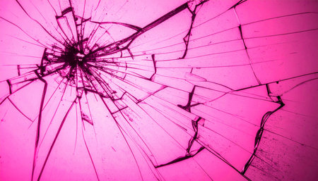 A spiderweb of cracks spreads across a vibrant pink surface, capturing the moment of impact. This abstract background visualizes concepts like digital failure, emotional stress, or the beautiful fragility found even in destruction.の素材