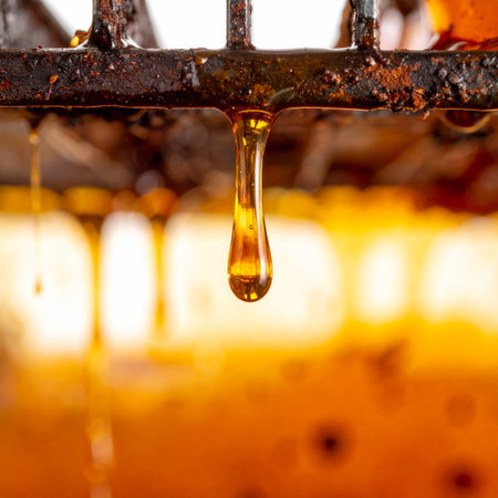 A single, perfect drop of golden honey hangs suspended for a moment before falling, captured in a macro shot that highlights the rich, viscous texture. This image evokes the pure, natural process of artisanal honey harvesting, from the hive to the jar, glowing with warm, delicious light.の素材