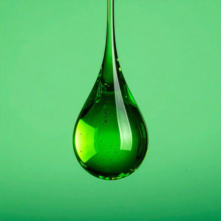 A single, perfect droplet of vibrant green liquid is captured in a stunning macro photograph, suspended against a matching green background. The glossy surface reflects light, highlighting its purity and viscosity. This image evokes concepts of nature, science, and clean beauty, ideal for projects related to cosmetics, environmentalism, or biotechnology.の素材