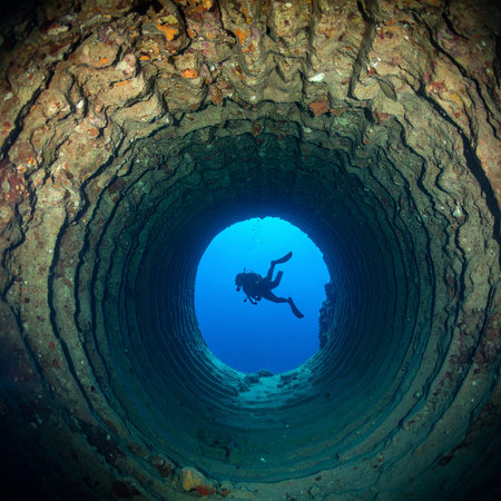 A lone scuba diver, silhouetted against the brilliant blue of the open ocean, explores a mysterious, ancient stone well deep beneath the surface. This image captures a sense of adventure, discovery, and the serene solitude of the underwater world.の素材