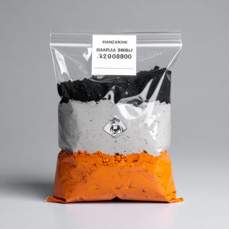 A clear plastic sample bag displays three distinct layers of industrial raw materials black, grey, and orange powders. A warning label and hazard symbol hint at the chemical nature of the ingredients, ready for a manufacturing or scientific process.の素材