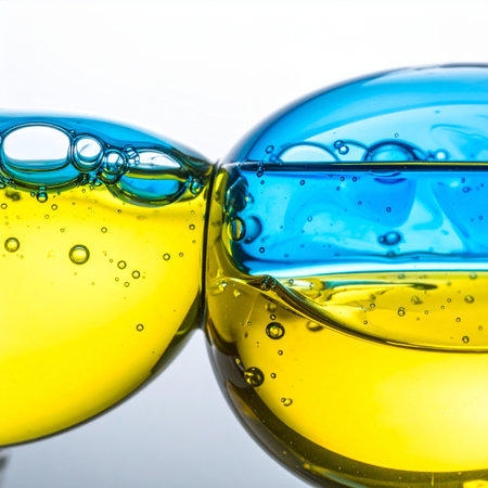 In a minimalist macro shot, two glasses filled with vibrant blue and yellow liquids touch in a symbolic toast. Bubbles rise to the surface, capturing a moment of connection, hope, and solidarity against a clean white background. This abstract image is perfect for concepts of peace, partnership, and national support.の素材