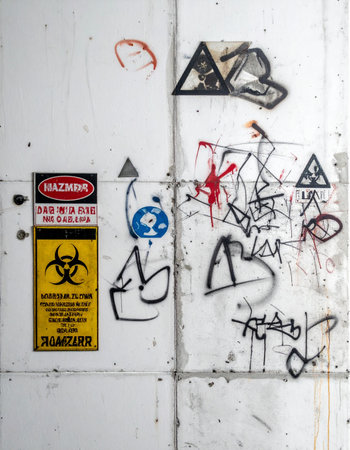 Close-up on a gritty, vandalized surface where street art clashes with official warnings. A yellow biohazard sign suggests a serious threat, creating a tense, dystopian atmosphere perfect for themes of apocalypse, survival, and urban exploration.の素材