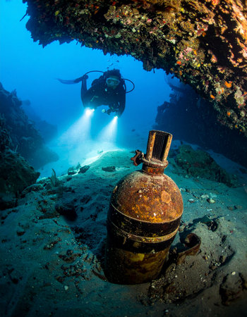 A scuba diver with powerful lights penetrates the darkness of a sunken shipwreck, illuminating a forgotten relic on the ocean floor. The scene evokes a sense of mystery, adventure, and the thrill of discovering history hidden beneath the waves.の素材