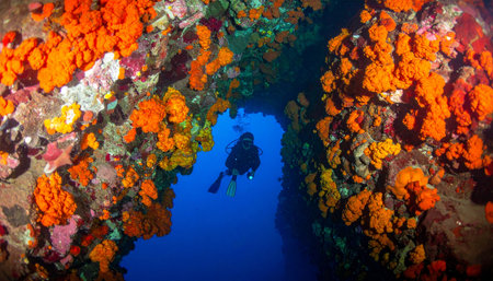 A lone scuba diver navigates a narrow underwater canyon, the deep blue water contrasting with the brilliantly colored orange coral clinging to the walls. This image captures a moment of serene exploration and the breathtaking, hidden beauty of the oceans depths.の素材