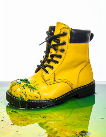 A tough, yellow work boot stands as a testament to a day of hard work or creative chaos. Splattered with vibrant green paint on its steel toe, it sits on a reflective surface, capturing the story of a project completed or a playful accident.の素材