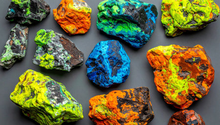 A stunning top-down view of various fluorescent uranium ore specimens. Under specialized lighting, these radioactive minerals reveal a hidden world of vibrant, glowing colors, from electric green and yellow to deep blue and fiery orange, showcasing the raw power and dangerous beauty of nuclear elements.の素材