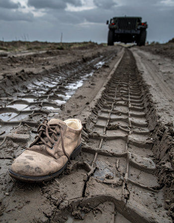 In the deep ruts of a muddy road, a single, worn boot lies abandoned, a silent testament to a difficult journey. In the distance, a military vehicle continues onward under a heavy, overcast sky, leaving behind a poignant symbol of loss, hardship, and the human cost of conflict.の素材