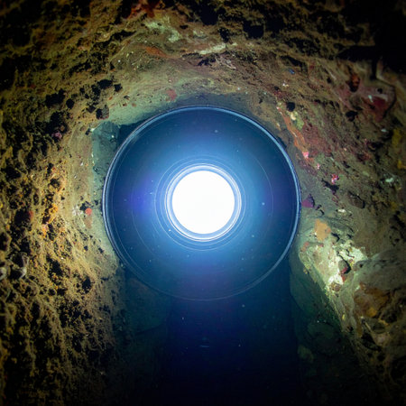 From the depths of a dark, textured passage, a brilliant blue and white light offers a beacon of hope and mystery. This view from below symbolizes a journey towards a breakthrough, the end of a challenge, or an escape into the unknown future.の素材