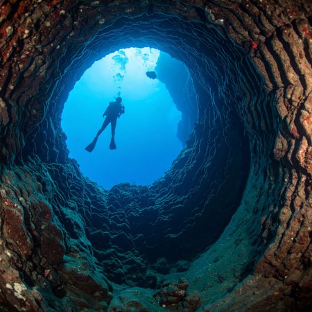 A lone scuba diver ascends through a majestic underwater cave, silhouetted against the brilliant blue light of the open ocean. This image captures a moment of serene discovery and the adventurous spirit of exploring the hidden depths and mysterious beauty of the sea.の素材