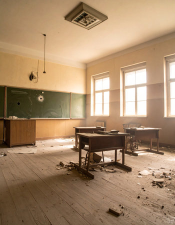 Sunlight streams through the dusty windows of a long-forgotten classroom, illuminating the empty desks and silent chalkboard. A quiet testament to a time when this room was filled with the sounds of learning and laughter, now left to decay and memory.の素材