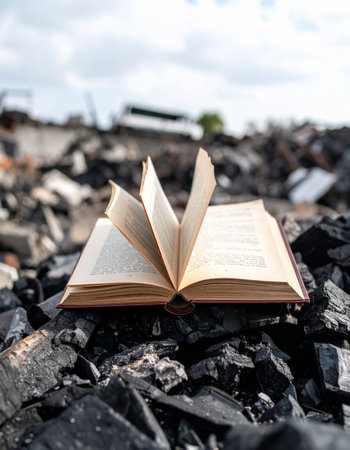 In a desolate landscape of rubble and coal, a single open book remains. Its pages, exposed to the elements, tell a story of forgotten knowledge, resilience, and the enduring power of stories even in the face of destruction and decay.の素材
