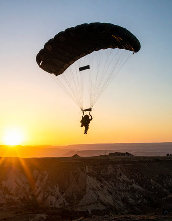 A lone skydiver is silhouetted against a breathtaking golden sunset, gliding peacefully towards the earth. This image captures the ultimate feeling of freedom, adventure, and the serene beauty of a solo descent at dusk.の素材