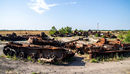 A field of rusted and destroyed tanks sits silently under a blue sky, a grim monument to a past conflict. Each piece of burnt armor tells a story of battle, now left to decay as nature slowly reclaims the remnants of war.の素材