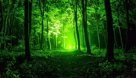 A mysterious, ethereal green light glows brightly at the end of a path in a dark, enchanted forest. The scene evokes a sense of magic, wonder, and adventure, inviting the viewer to explore the unknown and discover what lies ahead in the mystical woods.の素材