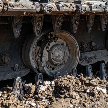 A detailed close-up captures the rugged and worn texture of a tanks caterpillar track. Caked in mud and showing signs of rust, the heavy steel links and road wheel tell a story of power, resilience, and passage through difficult terrain, symbolizing military strength and industrial might.の素材