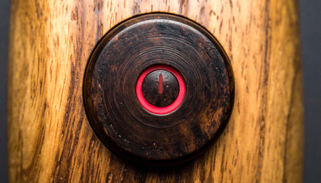 A single, glowing red eye awakens on a rustic wooden panel, hinting at a powerful, hidden technology.の素材