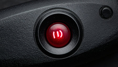 A single, glowing red eye of a sentient AI watches silently, its lens a portal to a vast, calculating intelligence.の素材