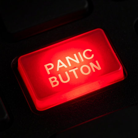 In the darkness, a single red button glows with an urgent, yet comically misspelled, warning.の素材