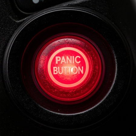 In a moment of extreme pressure and crisis, a single, glowing red panic button offers a final, desperate option.の素材