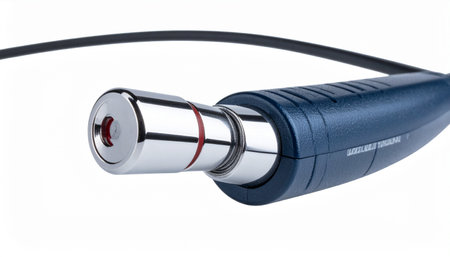 A close-up view of a state-of-the-art endoscopic camera, isolated on a clean white background.の素材
