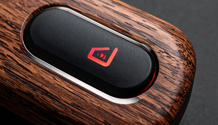 In a quiet, sophisticated space, a single red icon glows with silent urgency on a dark wood console.の素材