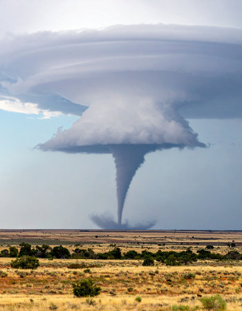 A massive supercell thunderstorm unleashes its incredible power, forming a dramatic and destructive tornado that touches down on the remote, arid plains. This awe-inspiring and terrifying display of natures fury showcases the raw energy of extreme weather.の素材