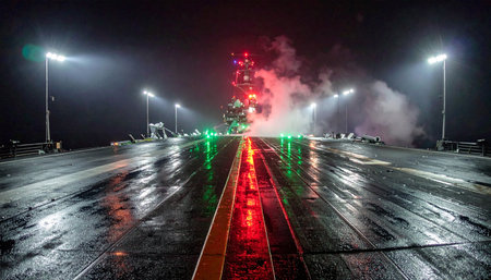 A cloud of tire smoke hangs in the air under bright stadium lights on a wet drag strip. The iconic red and green starting lights cast a vibrant glow on the slick asphalt, signaling the explosive start of a high-stakes race. The atmosphere is thick with anticipation and the smell of burnt rubber, a moment of pure adrenaline before the launch.の素材
