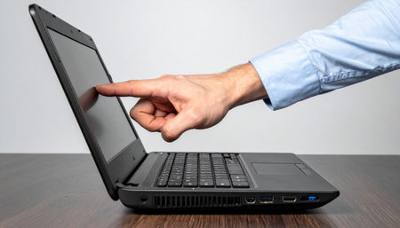 A professional in a crisp blue shirt reaches out, his finger making direct contact with the laptop's touchscreen.の素材