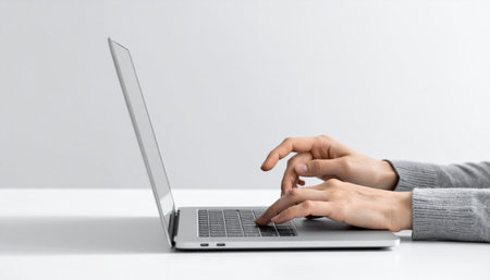 A focused professional types on a sleek laptop, their fingers moving quickly across the keyboard.の素材