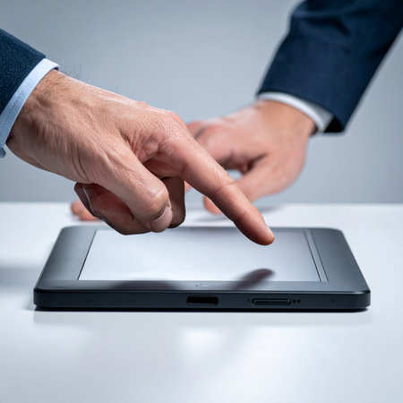 Close-up of two business professionals in suits actively engaged with a digital tablet.の素材