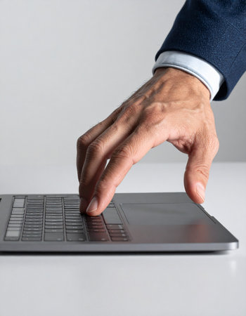 A focused businessman in a suit types diligently on his sleek laptop.の素材