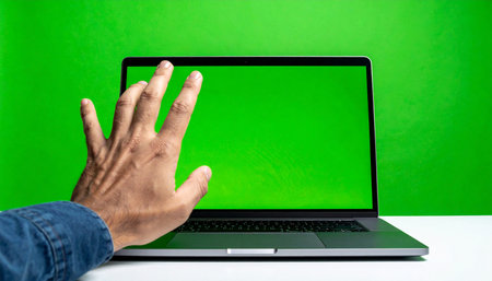 A person's hand reaches out to interact with a blank green screen on a modern laptop, symbolizing a gateway to digital innovation and virtual content.の素材