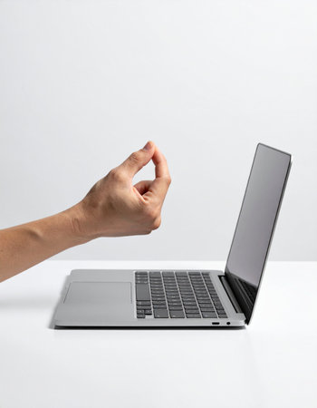 A person expresses disbelief or questions what they see on their laptop screen using the classic Italian 'what do you want?' hand gesture.の素材