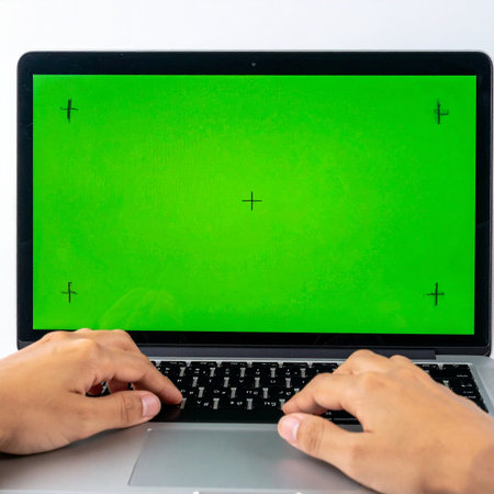 A person's hands are busy typing on a modern laptop, its screen glowing with a vibrant green chroma key display.の素材